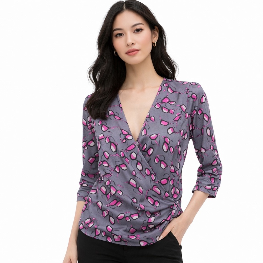 Emporio Armani Silk Blouse – Gray & Pink Print Wrap Style Top